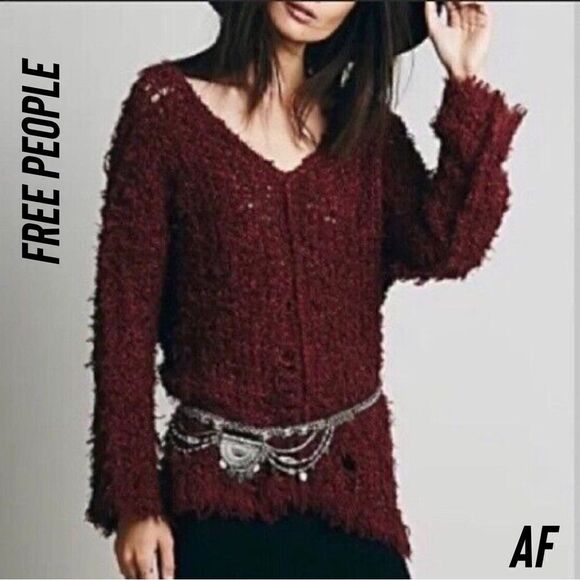 FREE PEOPLE UP THE LADDER DISTRESSED PULLOVER SWEATER IN BURGUNDY NEW LARGE - Picture 1 of 6